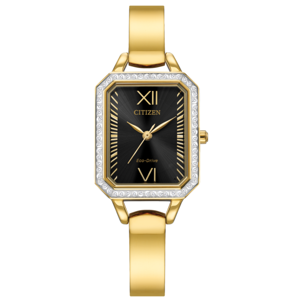 Ladies' Citizen Eco-Drive® Silhouette Crystal Gold-Tone Bangle Watch with Rectangular Black Dial