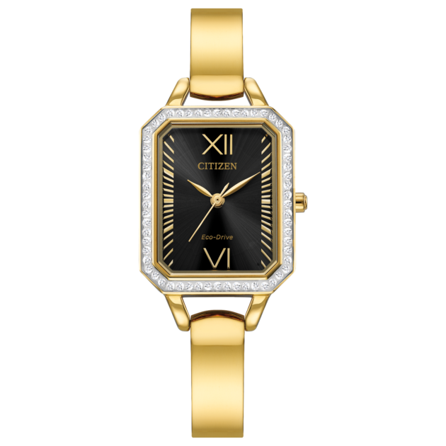 Ladies' Citizen Eco-Drive® Silhouette Crystal Gold-Tone Bangle Watch with Rectangular Black Dial