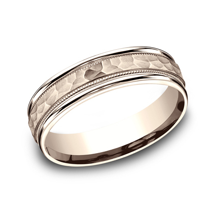 The Baxter in 14K Rose Gold, 6MM Metal: 14K Rose Gold Width: 6mm Size: 11 Comfort fit. Hammered center, milgrain detailing, polished round edges