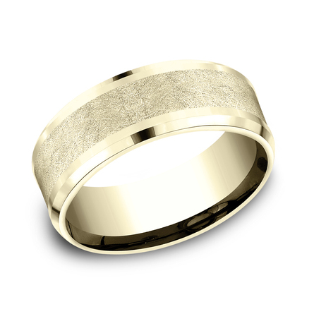 THE KNIGHT 8mm, Comfort fit 14K Yellow Gold Swirl center, polished drop bevel edges