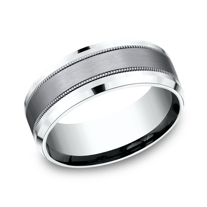 THE PROFESSOR 8mm, Comfort fit 14K White Gold and Grey Tantalum Satin center, milgrain detailing, polished bevel edges