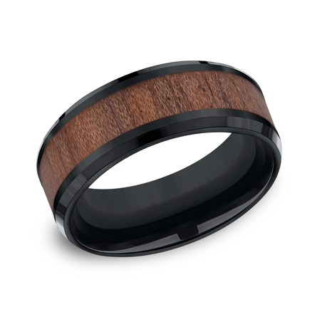 THE MAKER 8mm, Comfort fit Black Cobalt and Wood Wooden center, polished bevel edges