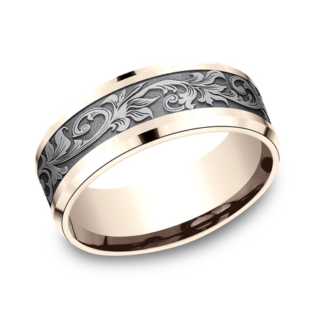 THE ROYAL 8mm, Comfort fit 14K Rose Gold and Grey Tantalum Vintage script pattern, polished drop bevel edges