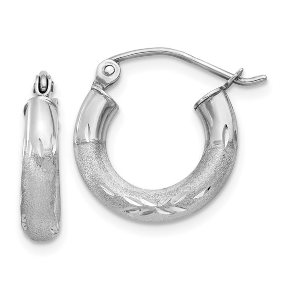 10k White Gold Satin and Diamond-cut 3mm Round Hoop Earrings