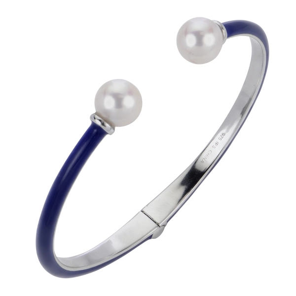 Sterling Silver Dark Blue Enamel Freshwater Pearl Bracelet 9-10MM | 7in