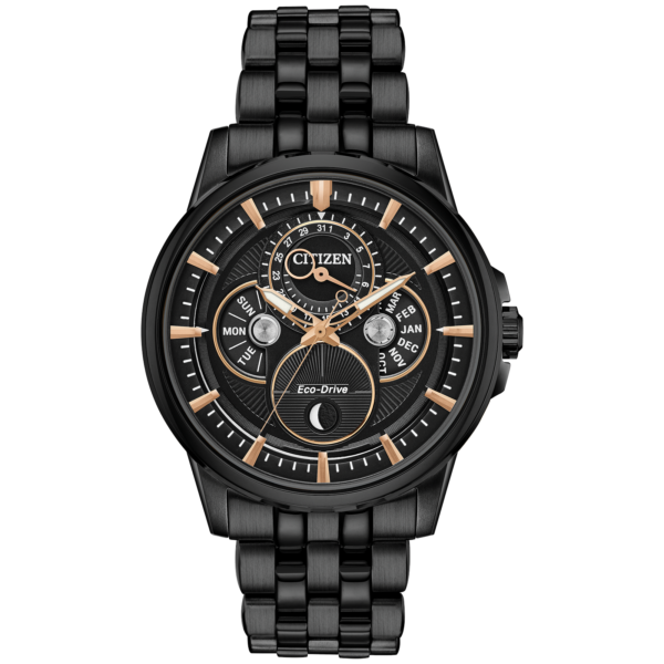 Men's Citizen Eco-Drive® Calendrier Black IP Chronograph Watch with Black Dial