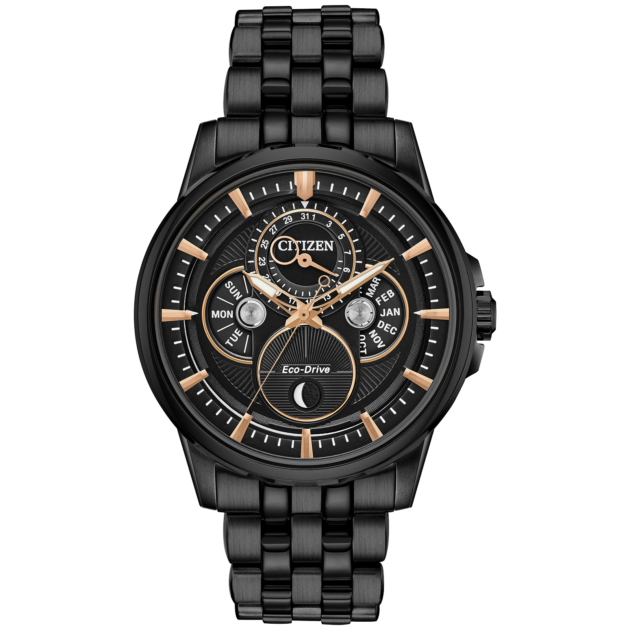 Men's Citizen Eco-Drive® Calendrier Black IP Chronograph Watch with Black Dial