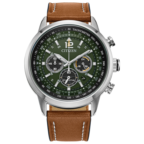 Men's Citizen Eco-Drive® Avion Chronograph Brown Leather Strap Watch with Green Dial