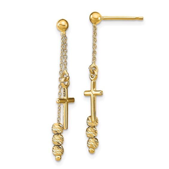 Leslie's 14K Polished D/C Cross Beaded Post Dangle Earrings