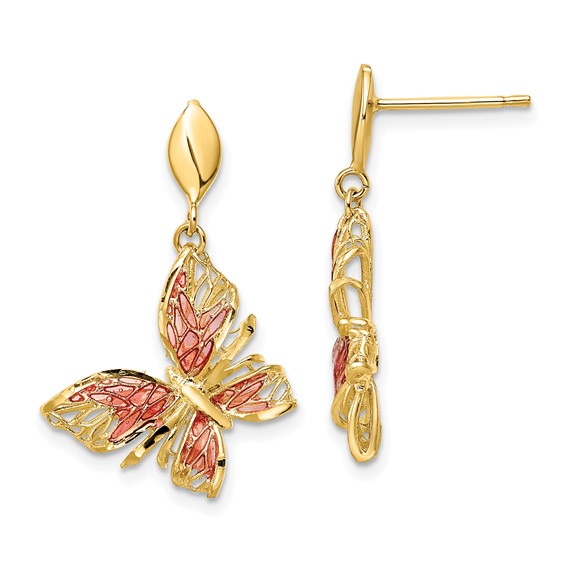 Leslie's 14k Polished D/C Pink Enamel Butterfly Post Dangle Earrings