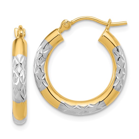 Leslie's 14k with Rhodium Diamond Cut 3mm Hoop Earrings Earring Type: Hoop Metal: 14k Yellow & Rhodium Average Weight: 1.49 GM Earring Closure: Wire & Clutch