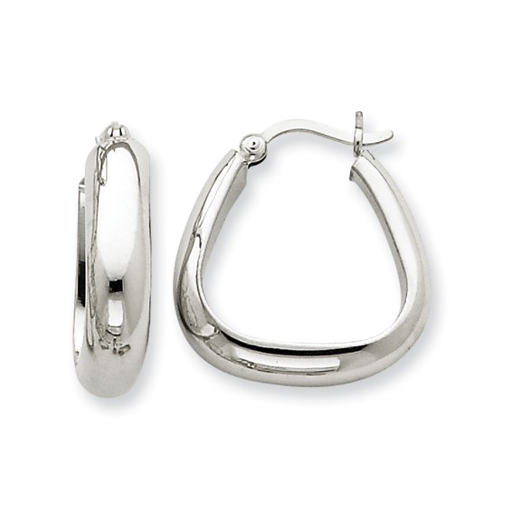 14k White Gold Triangle Tube Hoop Earrings Earring Type: Hoop Metal: 14K White Gold Plating: Rhodium Average Weight: 2.52 GM Earring Closure: Wire & Clutch