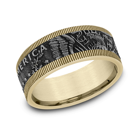 THE KENNEDY 9mm, Comfort fit 14K Yellow Gold and Grey Tantalum Kennedy half dollar design, milgrain edges