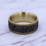 THE KENNEDY 9mm, Comfort fit 14K Yellow Gold and Grey Tantalum Kennedy half dollar design, milgrain edges
