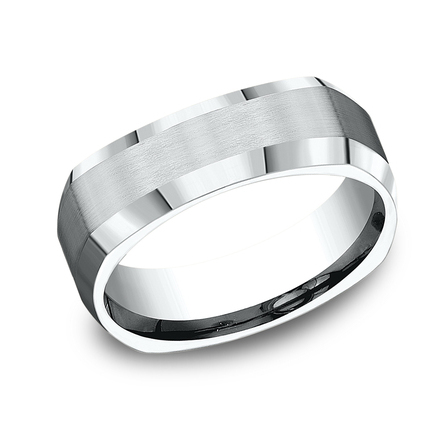 THE SCHOLAR 7mm, Comfort fit 14K White Gold Four sided band with satin finished center, polished bevel edges