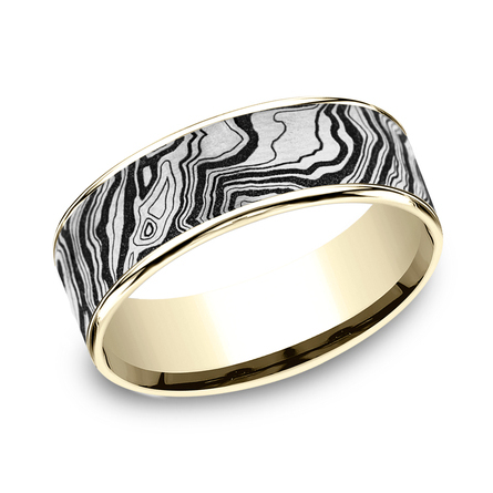 The Explorer Ring Metal: 14K Yellow Gold and Grey/Black Titanium Width: 7.5mm Size: 10 Topography pattern, thin edges