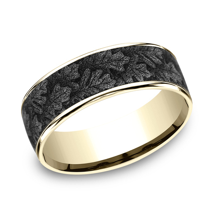 The Oak Ring Metal: 14K Yellow Gold and Grey/Black Titanium Width: 7.5mm Size: 10 Oak leaf pattern, thin edges