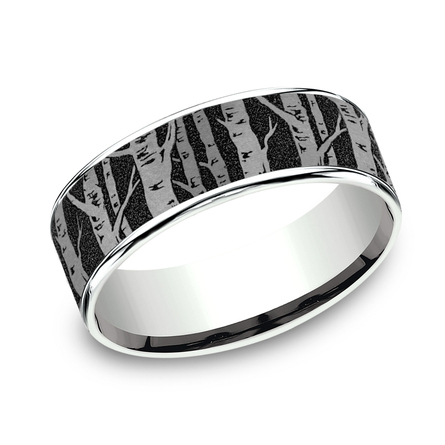 The Birch Ring Birch tree pattern Metal: 14K White Gold and Grey/Black Titanium Width: 7.5mm Size: 10 Birch tree pattern, thin edges