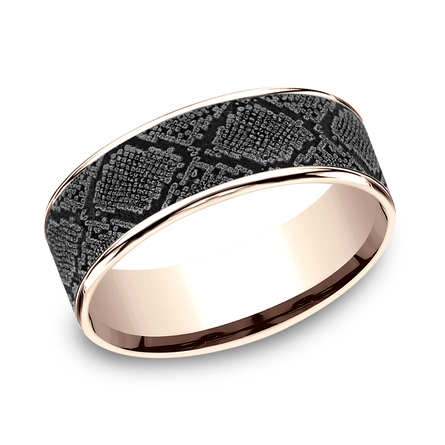 THE DIAMONDBACK 7.5mm, Comfort fit 14K Rose Gold and Grey Tantalum Snakeskin patterned center, thin edges