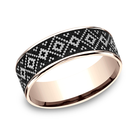 THE ISLE 7.5mm, Comfort fit 14K Rose Gold and Grey/Black Titanium Fair Isle patterned center, thin edges