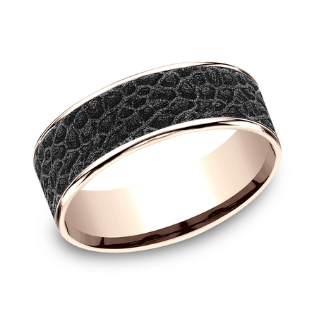 THE CORAL 7.5mm, Comfort fit 14K Rose Gold and Black Titanium Coral pattern, thin edges