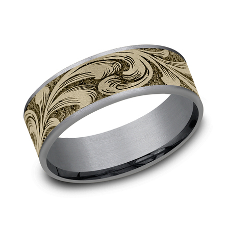 THE BARREL SCRIPT 7.5mm, Comfort fit Grey Tantalum and 14K Yellow Gold Large barrel script pattern, thin edges