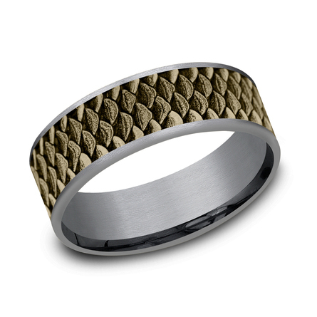 The Angler Ring Metal: Grey Tantalum and 14K Yellow Gold Width: 7.5mm Size: 10 Fish scale patterned center, thin edges