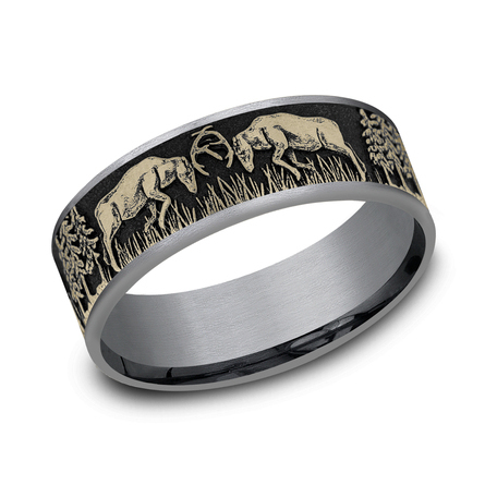 THE RUT 7.5mm, Comfort fit Grey Tantalum and 14K Yellow Gold Deer fight design, thin edges