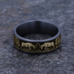 THE RUT 7.5mm, Comfort fit Grey Tantalum and 14K Yellow Gold Deer fight design, thin edges