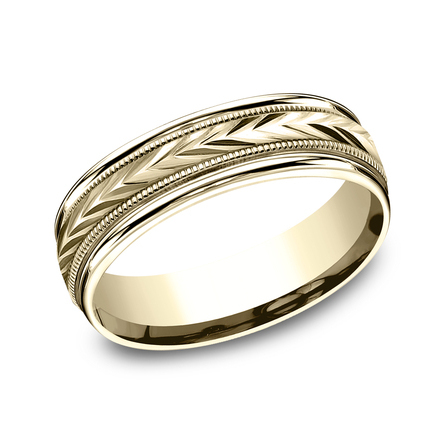 THE DOMINION 6.5mm, Lightweight comfort fit 14K Yellow Gold Wheat pattern with milgrain detail, polished round edges