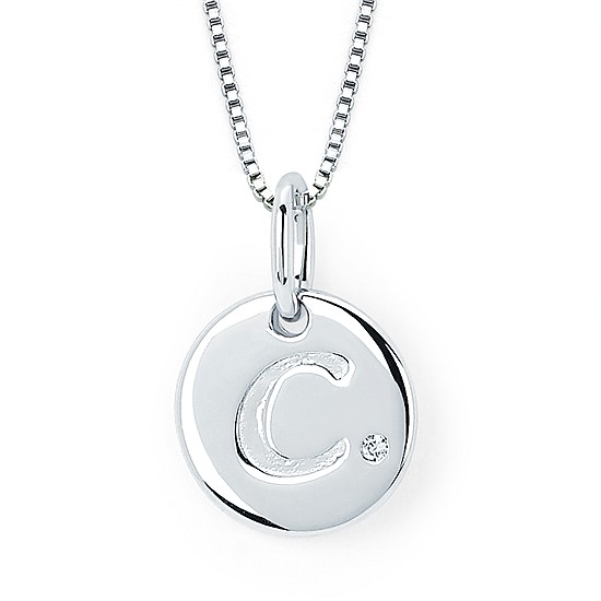 Diva Diamonds® Letter C Pendant In Sterling Silver With .01 Ct. Diamond With 18" Box Chain (Adjustable To 16") And Lobster Claw Clasp Sterling Silver Diamond Initial C Pendant with 16" Chain and 2" Extender