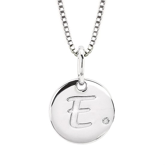 Diva Diamonds® Letter E Pendant In Sterling Silver With .01 Ct. Diamond With 18" Box Chain (Adjustable To 16") And Lobster Claw Clasp Sterling Silver Diamond Initial E Pendant with 16" Chain and 2" Extender