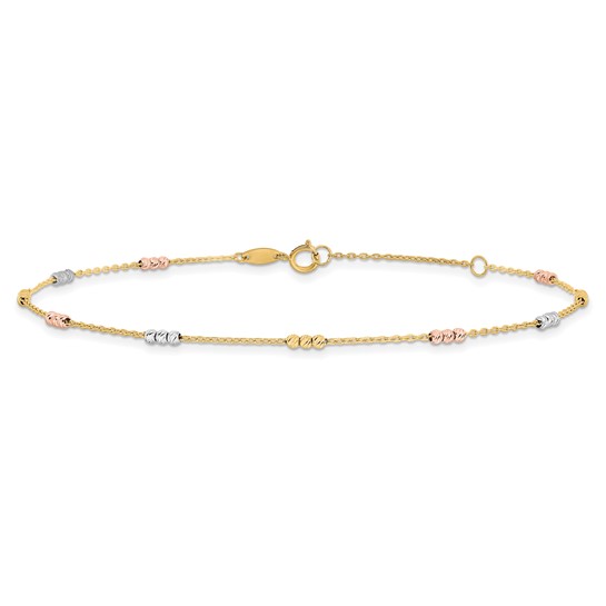 Leslie's 14K Tri-color Polished with D/C Beads 9in Plus 1in. ext. Anklet