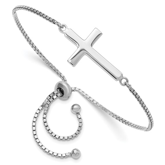 Sterling Silver Rhodium-plated Polished Cross Adjustable Bracelet