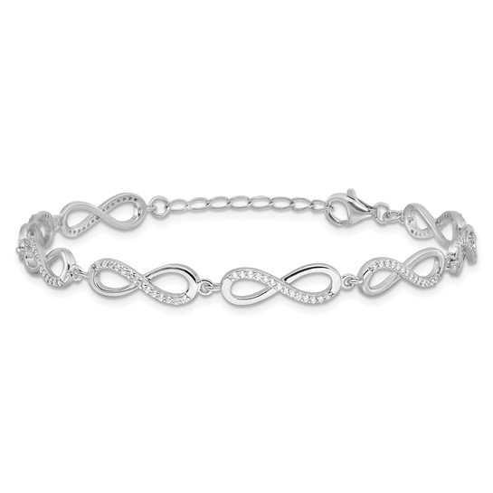 Sterling Silver Rhod-plated CZ Infinity Link with 1in ext. Bracelet