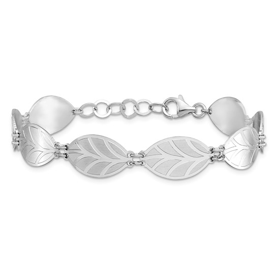 Leslie's Sterling Silver Rhod-pl. Brushed/Polished with 1in ext. Leaf Bracelet