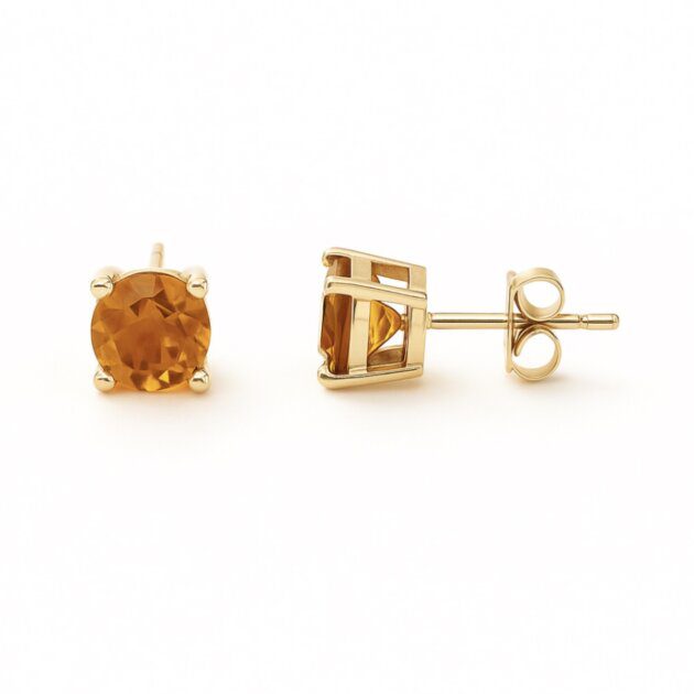 14K Gold 4MM Citrine Birthstone Stud Earrings
