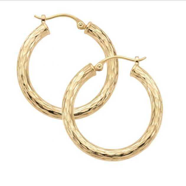 14K Yellow Gold Diamond-Cut Hoop Earrings – 3x25MM