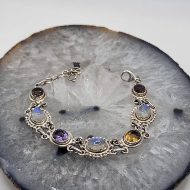 Vintage Sterling Silver Rainbow Gemstone Bracelet | Amethyst, Citrine, Smoky Quartz, Garnet, Moonstone (India)