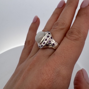 Natural Moonstone & Amethyst Statement Ring | 925 Sterling Silver | Size 6