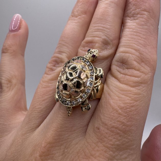 Vintage 14K Yellow & Rose Gold Turtle Ring | CZ Stones | Size 6.25