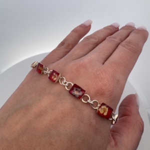 Vintage 925 Sterling Silver Red Lucite Floral Panel Bracelet | Forget Me Not | MWS Mexico