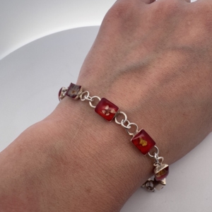 Vintage 925 Sterling Silver Red Lucite Floral Panel Bracelet | Forget Me Not | MWS Mexico