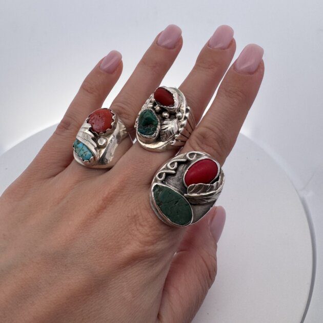 Vintage Navajo Turquoise & Coral Sterling Silver Men's Ring | Justin Morris | Sizes 11.5, 12.5