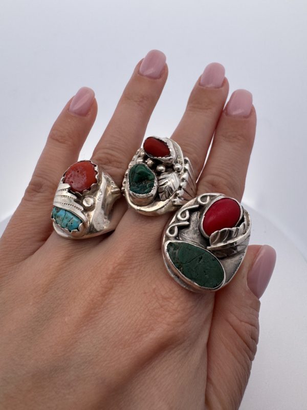 Vintage Navajo Turquoise & Coral Sterling Silver Men's Ring | Justin Morris | Sizes 11.5, 12.5 - Image 4