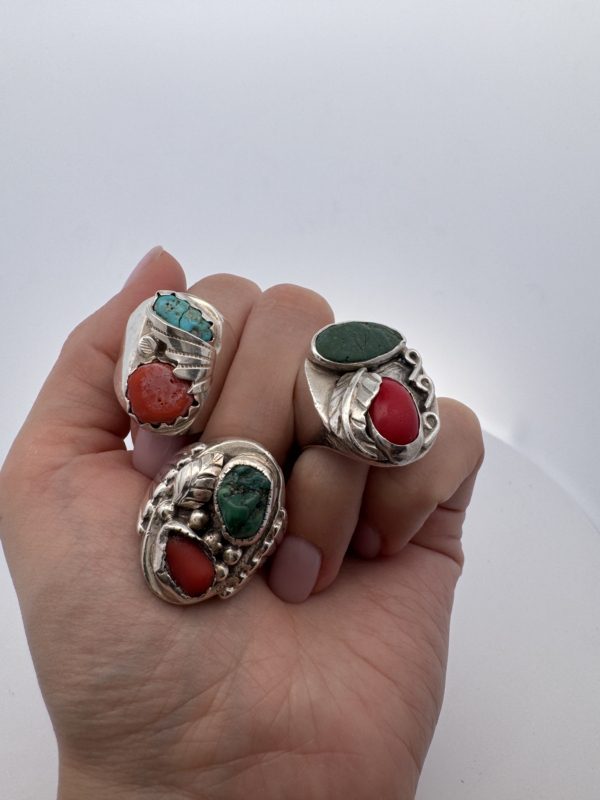 Vintage Navajo Turquoise & Coral Sterling Silver Men's Ring | Justin Morris | Sizes 11.5, 12.5 - Image 3