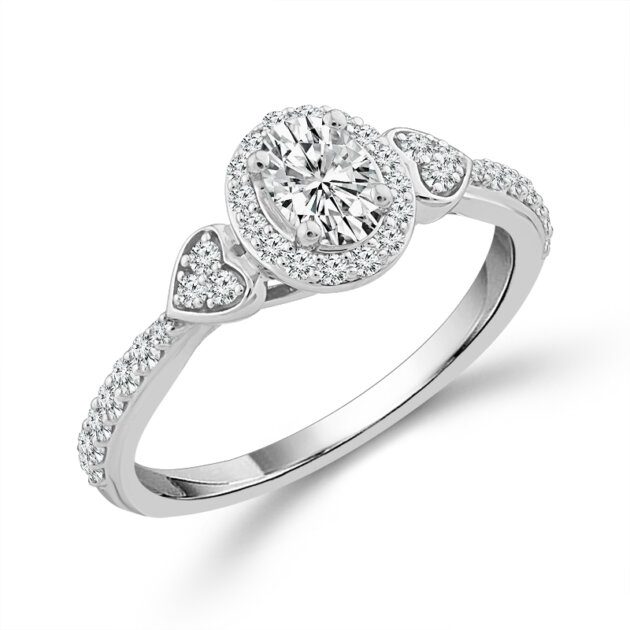 Diamond Hearts Engagement Ring 0.60 ct tw Oval 14k White Gold