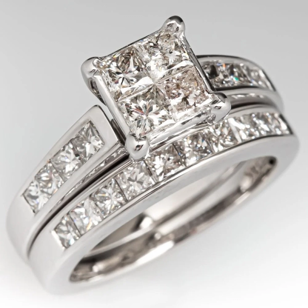 Princess-Cut Square Cluster Diamond Bridal Set 1 ct tw 10K White Gold