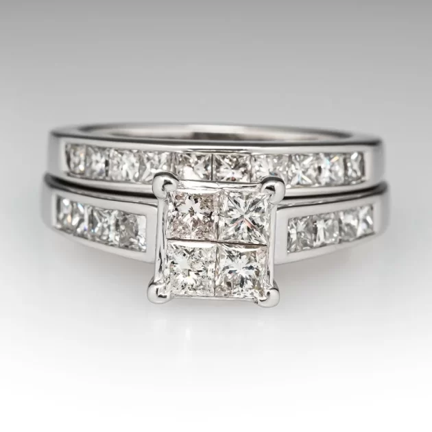 Princess-Cut Square Cluster Diamond Bridal Set 1 ct tw 10K White Gold