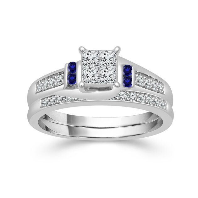 Diamond & Blue Sapphire Bridal Set Princess-Cut 1/2 ct tw 10K White Gold